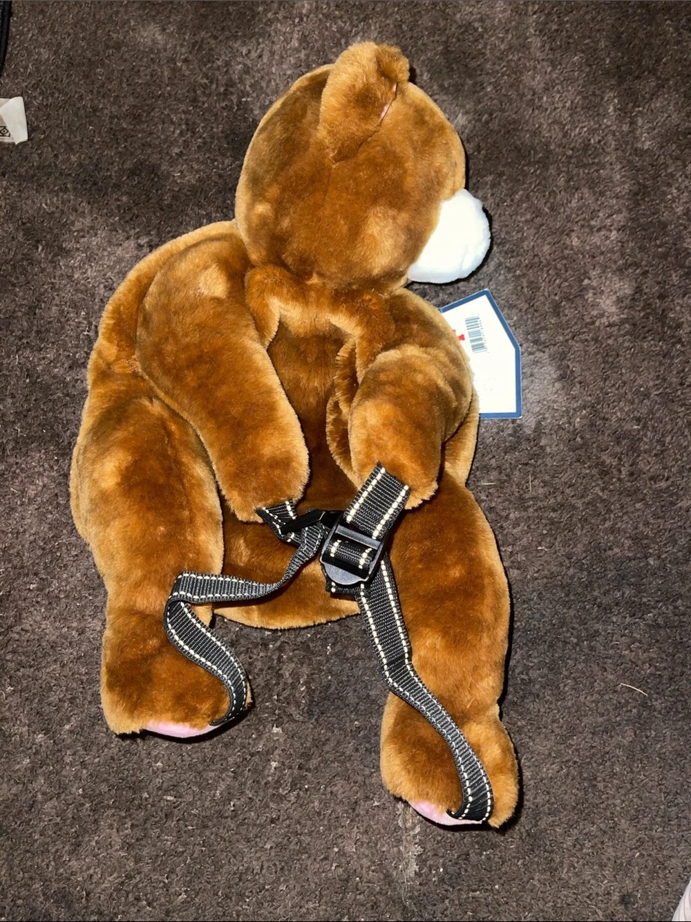 VTG Brown Plush Dog Backpack with Plaid Pouch and Reflective Trim